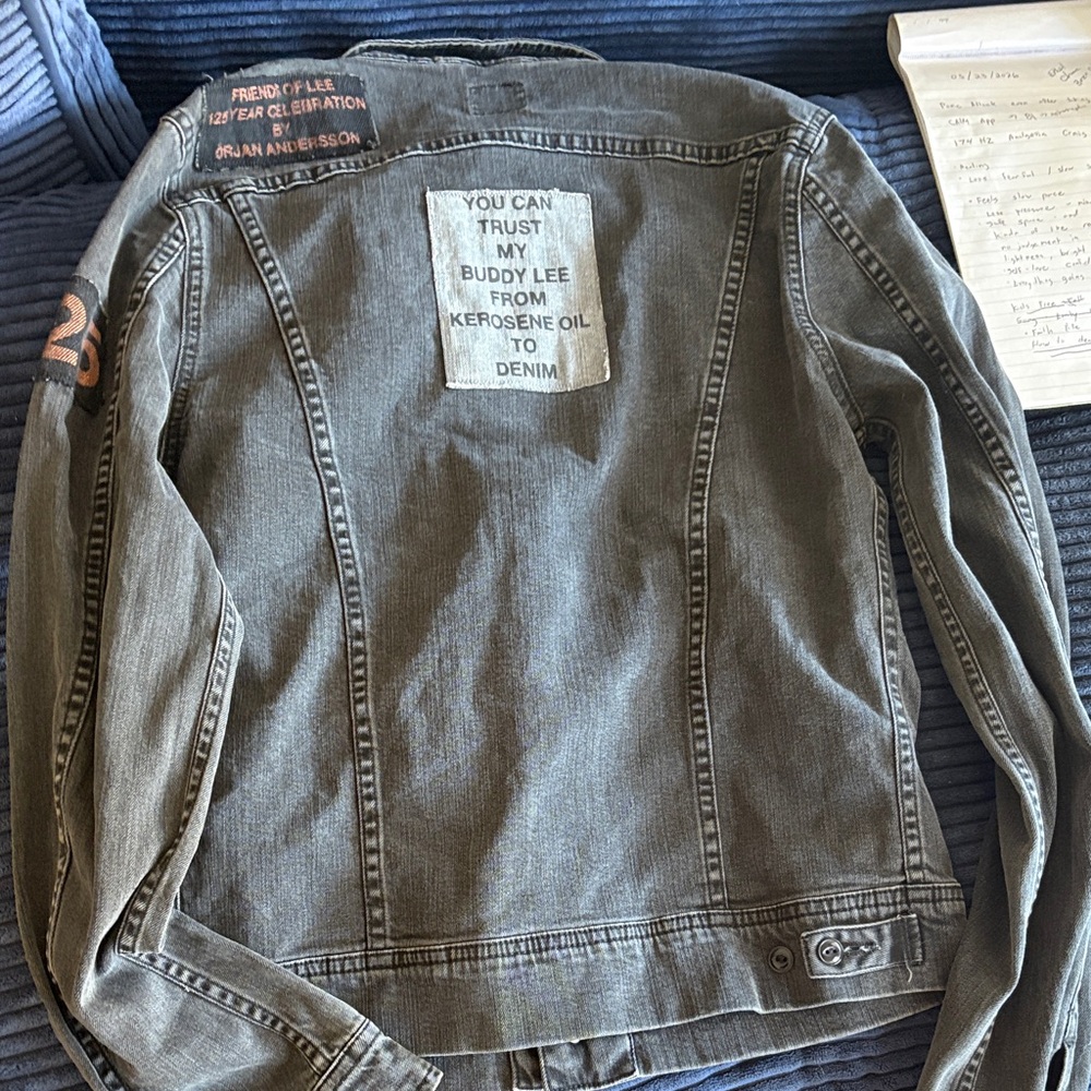 Lee Men's Gray Denim Bomber Jacket with Patch Details